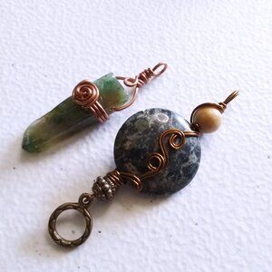 2 Green Pendant Bundle: Wire Wrapped Kambamba Jasper + Green Agate! Forest Witch